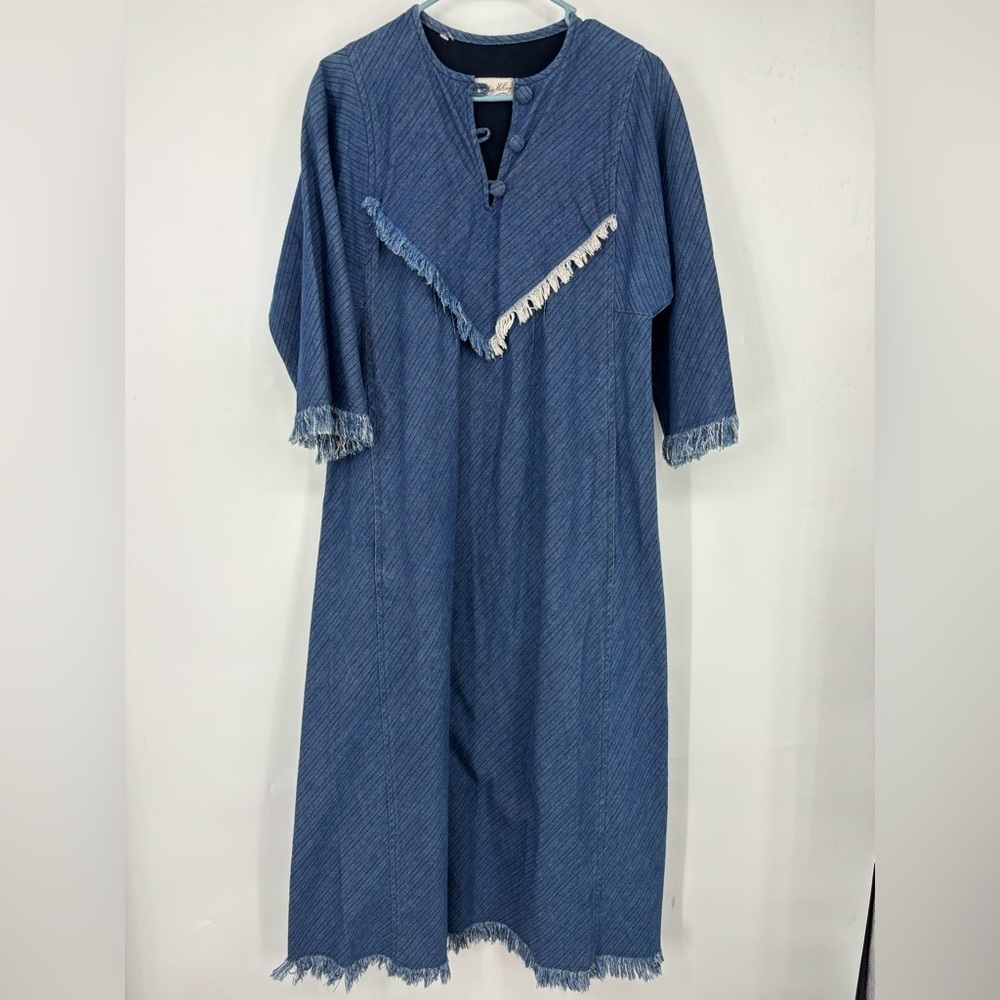 Vintage Jackie McCoy Denim V-neck Fringe‎ Western Prairie Maxi Dress Blue M/L